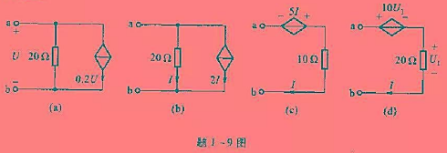 题1-9各图中受控源是否可君为电阻？并求各图中ab端钮的等效电阻。