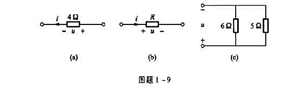 电路如图题1-9所示。（1)图（a)中已知u=7cos（2t)V，求i;（2)图（b)中已知u=（5
