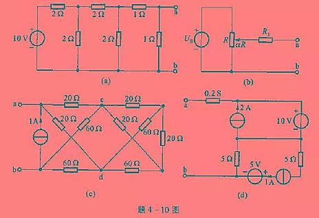 求题4-10图中各电路在a、b端口的戴维宁等效电路或诺顿等效电路。