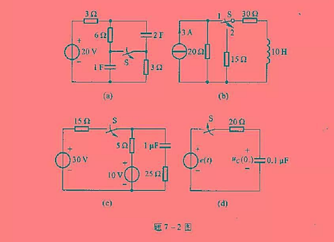 题7-2图所示各电路中开关S在t=0时动作，试求各电路在t=0，时刻的电压电流。已知题7-2图（d)
