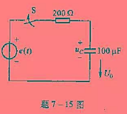 题7-15图所示电路中，t=0时合上开关S。求:（1)uC;（2)uC（0-)为何值时，瞬态分量为零
