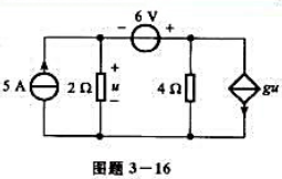 电路如图题3-16所示，其中。（1)试用叠加方法求电压u;（2)求电压源、电流源和受控源对电路提供的