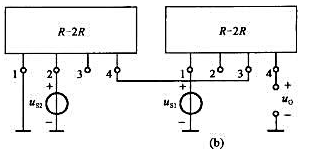 R-2R电阻阵列组件（arraypackoge)如图题 3-18（a)所示，对外有4个端钮。若用两个