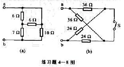 求练习题4-8图所示各单口网络的等效电阻Rab，其中图（b)应分别在S打开和闭合时求解。求练习题4-