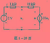 试求题1-20图所示电路中控制量u1及电压u。
