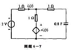 电路如图题6-7所示，电压源于t=0时开始作用于电路，试求i1（t)，t≥0。已知受控源参数r=2Ω
