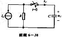 电路如图题6-38所示，已知Is=100mA，R=1kΩ。（1)求使固有响应为零的电容电压初始值;（