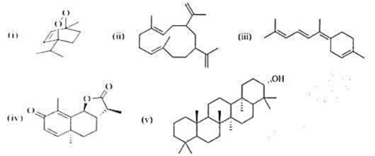 以下天然化合物均为萜类化合物，确定其属于哪一类萜类化合物,在其结构中标出异戊二烯的结构单元。并通过网