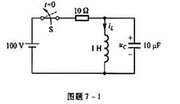 电路如图题7-1所示，开关在i=0时打开，打开前电路已处于稳态。求iC（t)、uC（t)，t≥0。电
