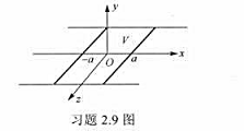 如习题2.9图所示,位于y0的无限导体平面沿切成三部分,左、右部电势为零,中间部分电势为V,y→∞处