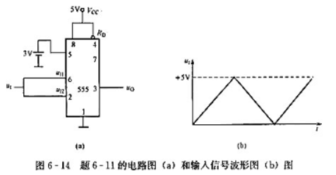 分析图6-14（a)所示555定时器芯片组成的电路，要求: （1)说明电路的功能: （2)给出上限阈