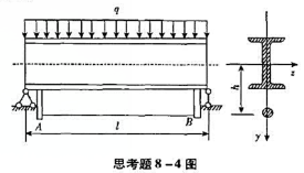 由16号工字钢制成的简支梁的尺寸及荷载情况如思考题8-4图所示。因该梁强度不足，在紧靠支座处焊上钢板