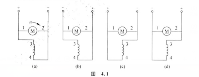 图4.1所示为一台空载并励直流电动机的接线，已知按图（a)接线时电动机顺时针启动。请标出按图（b)，