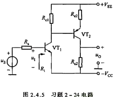图2.4.5是由NPN和PNP三极管组成的双电源直接耦合放大电路，设三极管的β1=40，β2=20，