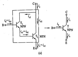 为了提高电流放大系数,有时可采用复合管.图10.07（a)和（b)所示是两种类型的复合管,由T1管为