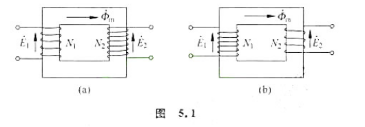 两台变压器的一、二次绕组感应电动势和主磁通规定正方向如图5.1（a)、（b)所示，试分别写出1=f（