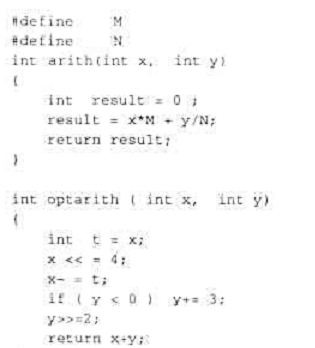 以下是两段C语言代码，函数arith（)是直接用C语言写的，而optarith（)是对arith（)