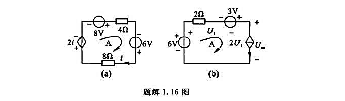 图示含有受控源的电路，求：图（a)电路中的电流i;图（b)电路中的开路电压Uoe。图示含有受控源的电