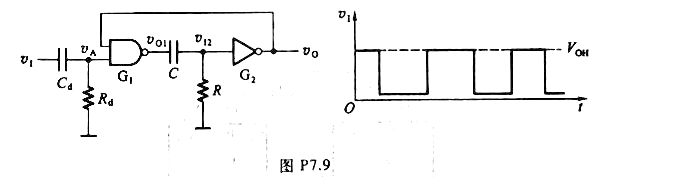 在图P7.9的微分型单稳态电路中，若G1和G2为74系列TTL门电路，它们的VOH=3.2V，VOL