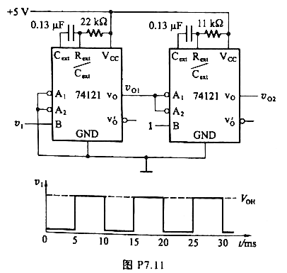 图P7.11是用两个集成单稳态电路74121所组成的脉冲变换电路，外接电阻和外接电容的参数如图中所示