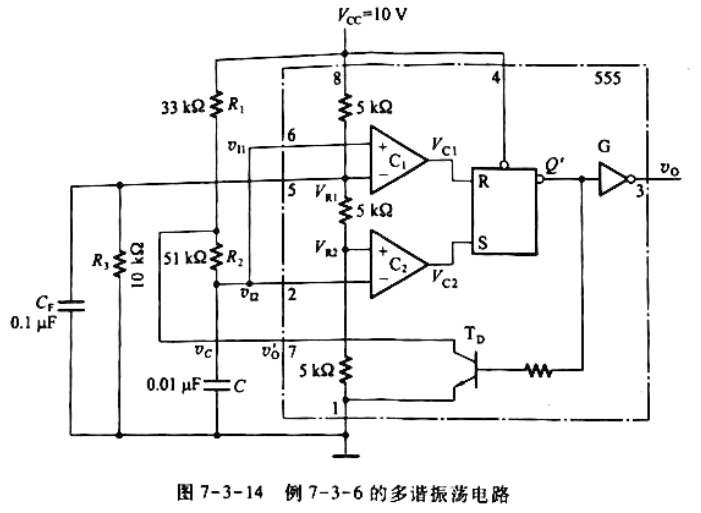 图7-3-14是用555定时器接成的多谐振荡电路，电路参数如图中所示。要求 （1)计算电路的振荡频率