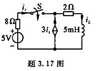题3.17图所示电路，已知电感初始储能为零，当t=0时开关S闭合，求t≥0时的电流iL。请帮忙给出正