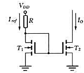 在下图所示的基本电流镜电路中，已知场效应管的参数和，电源电压VDO以及电阻R的值，试求参考在下图所示