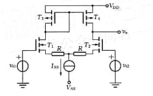 若在有源负载差分放大器的源极串联一个电阻R，如下图所示.假设整个电路仍然保持对称，已知ISS以及各晶