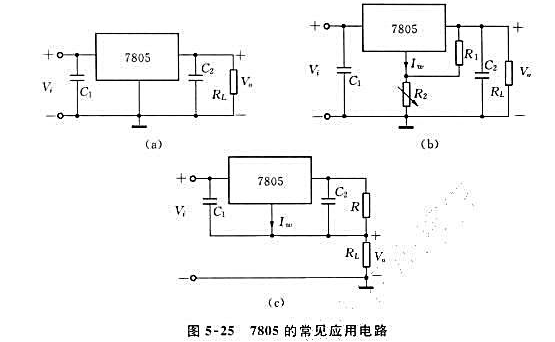 图5-25的（a)、（b)、（c)图是7805的3种常见应用电路，解释其工作原理。图5-25的(a)