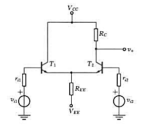 双端输入、单端输出的差分放大器如下图所示，已知晶体管参数β=100，VBE=0.65V，分别是两个信