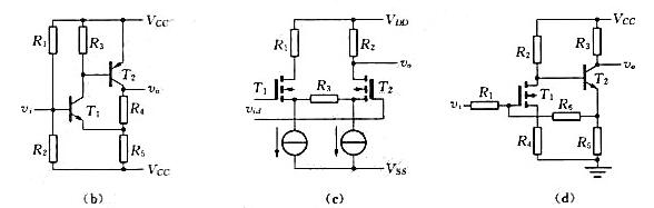 请写出下图负反馈电路的电压增益表达式。假设其中晶体管的gm或β已知，厄尔利效应可忽略。请写出下图负反