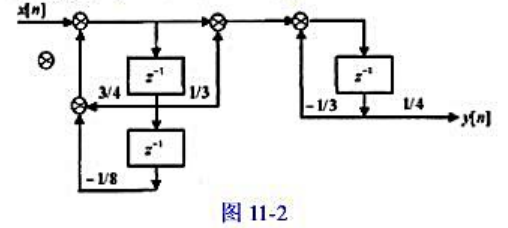 如图11-2所示的因果LTI系统的方框图，试求：（1)该系统的差分方程;（2)该系统的单位脉冲响应h