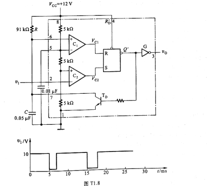 在图T1.8由555定时器组成的单稳态电路中，电路参数如图中所注，输入信号波形如图中所给出。要求1.