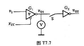 在图T7.7的TTL电路中，G1输出处于什么状态？在开关S断开的情况下，用磁电式万用表的不同量程测量