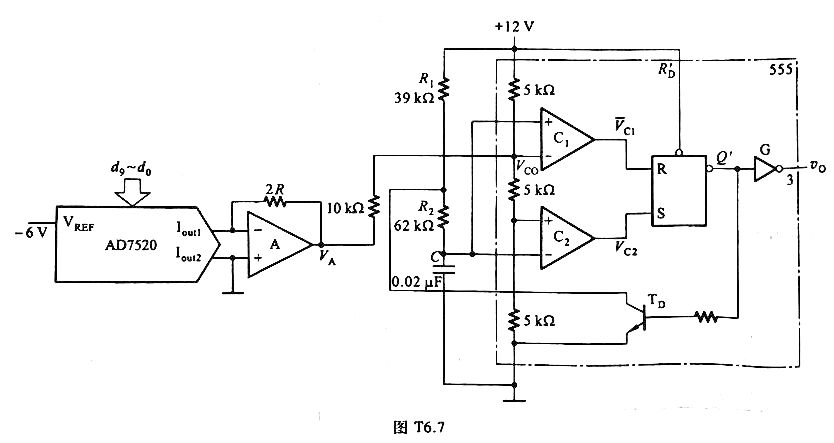 图T6.7是用555定时器和倒T形电阻网络D/A转换器构成的频率可编程多谐振荡电路、电路参数如图中所