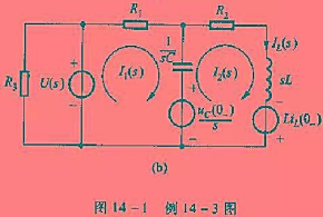 电路如图14-1所示，已知R1=1Ω，R2=0.75Ω，R3=2Ω，C=1F，L=1/12H，U=4