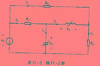 电路如图17-2所示，其中各电阻是线性的，非线性电容的特性为uc=h（q)，非线性电感的特性为iL电