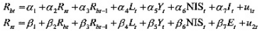 为了研究通货膨胀与普通股收益的关系，奥迭特（Bruno Oudet)使用以下的模型：其中L=真实人均