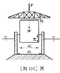 如[例101]图所示:一转动式桥梁支撑在直径d1=3.4m的圆形浮筒上,浮筒飘浮于直径d2=3.6m