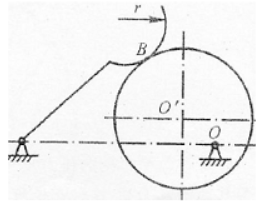 在图示凸轮机构中，圆弧底摆动推杆与凸轮在B点接触。当凸轮从图示位置逆时针转过90。时，试用图解法标出