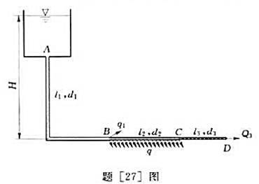 有一由水塔供水的输水管道如题[27]图所示.全管道由AB、BC、和CD三段组成,中间BC段为沿程均匀