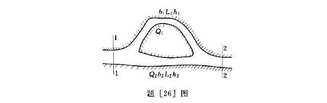 如题[26]图所示的近似矩形断面的河道,在断面1一1、断面2―2间分叉成两段,已知L1=6000m、