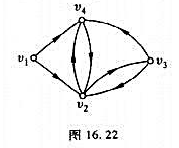 给定有向图G=，形如图16.22所示，试求：①它的邻接矩阵。②求出A2，A3和A4，指出从v给定有向