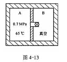 有一刚性绝热容器被绝热隔板一分为二，VA=VB=28x10-3m3， A中装有0.7MPa65 °(