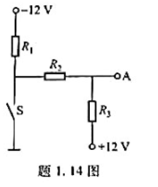 求题1.14图所示电路中开关S合上和断开时A点的电位。已知:R1=2kΩ,R2=4Ω,R3=26kΩ