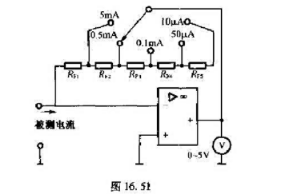 图16.51所示是应用运算放大器测量小电流的原理电路,试计算:电阻RF1~RF5的阻值。输出端接的电