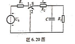 在题 6.20图所示电路中，开关S原与"1”接通.电路已达稳态。t=0时,S换接到”2" .求电流i