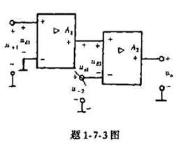 在题1-7-3图所示电路中,若u+1=1mV,u-2=5V,A1=5000,A2=104,试求输出电