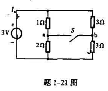 在题1-21图所示电路中,在开关S断开的条件下,求电源送出的电流和开关两端的电压Uab;在开关闭合后