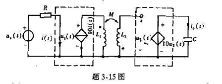 在题3-15图所示电路中,C=1F.试求耦合电感元件的输入端口电压u1（t)和电容电流ic（t).在